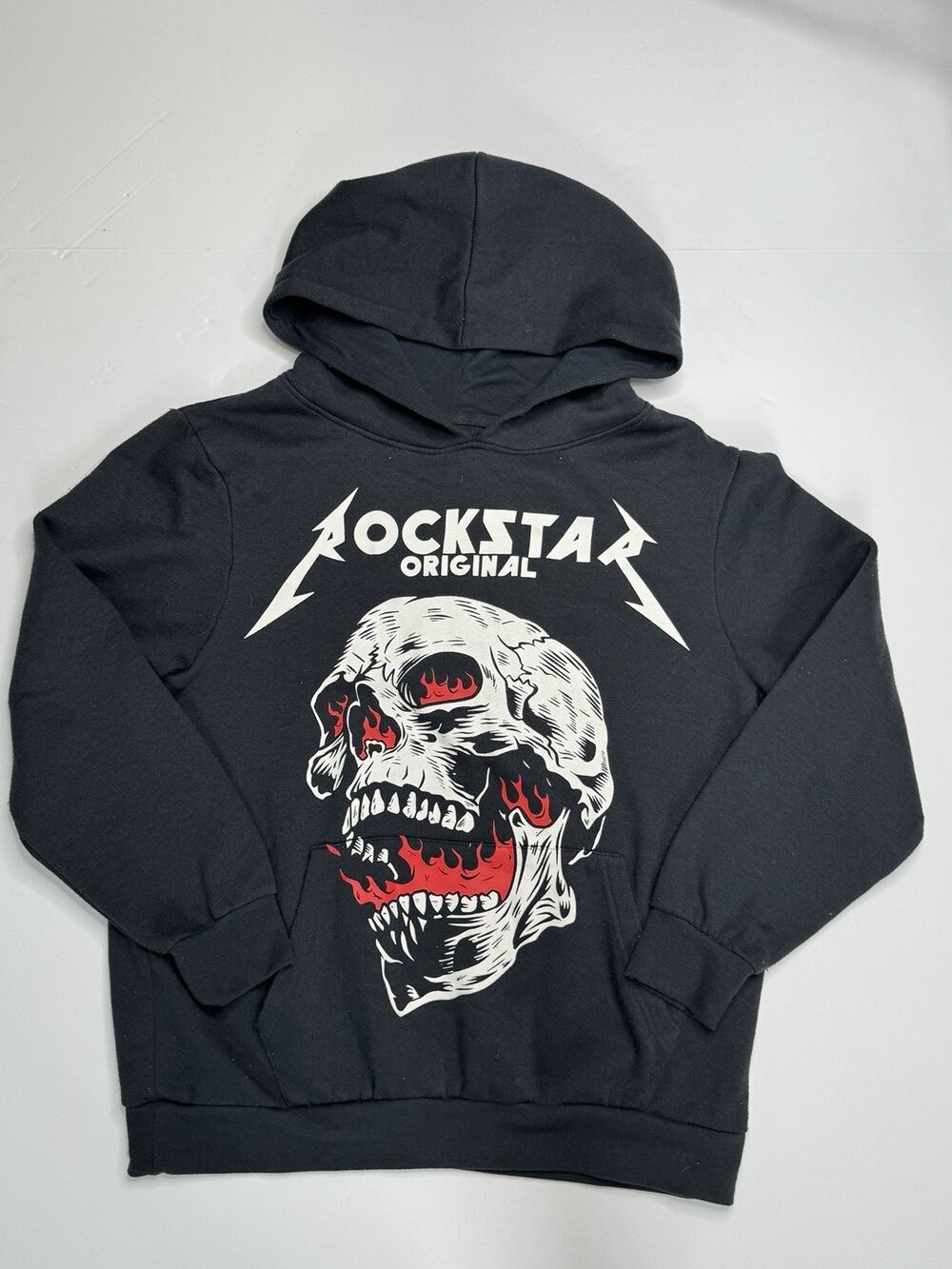 Rockstar Original Men’s S Black Flaming Skull Pullover Hoodie Streetwear Goth